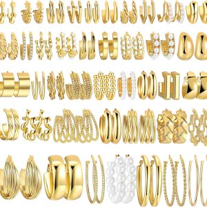 42 Pairs Gold Hoop Earrings Set for Women, Fashion Chunky Pearl Earrings Multipack Twisted Statement Earring Pack, Hypoallergenic Small Big Hoops Earrings for Birthday Party (Gold-42 pairs)