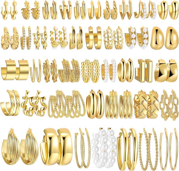 42 Pairs Gold Hoop Earrings Set for Women, Fashion Chunky Pearl Earrings Multipack Twisted Statement Earring Pack, Hypoallergenic Small Big Hoops Earrings for Birthday Party (Gold-42 pairs)