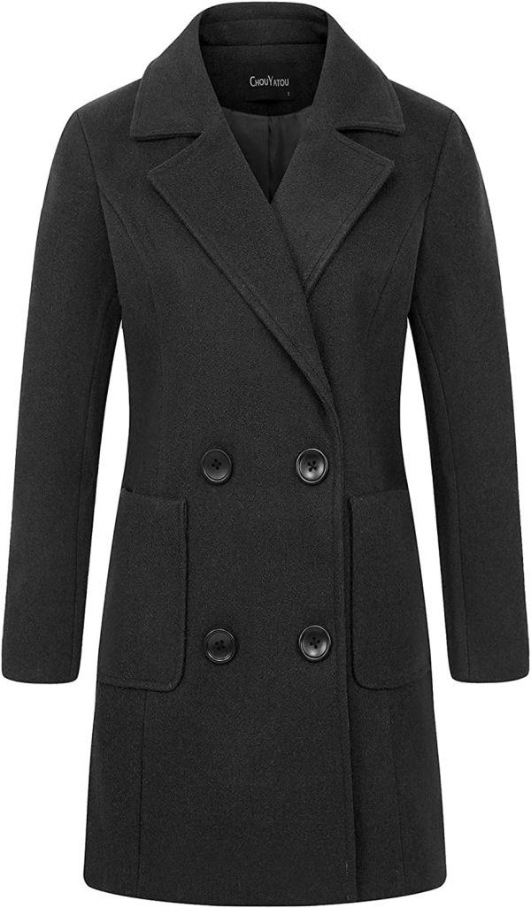 Women Elegant Notched Collar Double Breasted Wool Blend Over Coat - Image 2