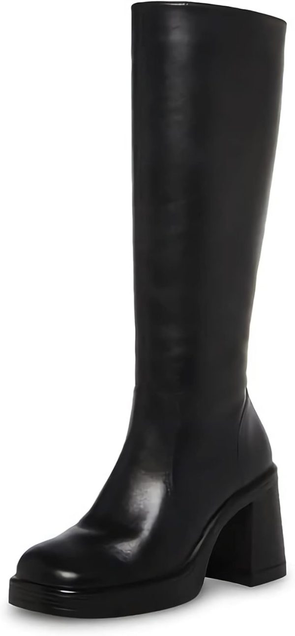 Black Leather Boots Platform Boots for Women Square Toe Chunky Block Heeled Boots