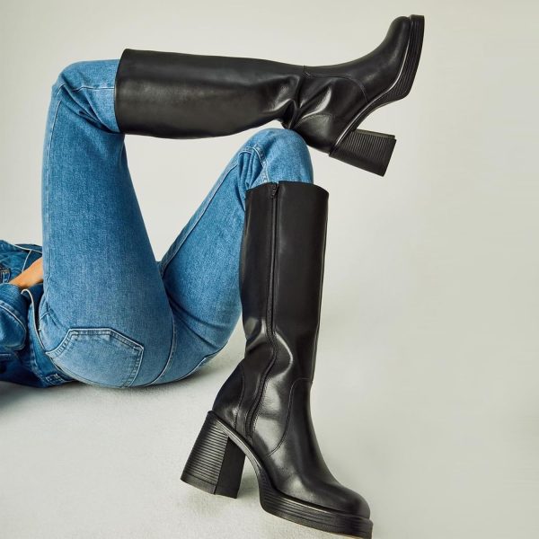 Black Leather Boots Platform Boots for Women Square Toe Chunky Block Heeled Boots - Image 5